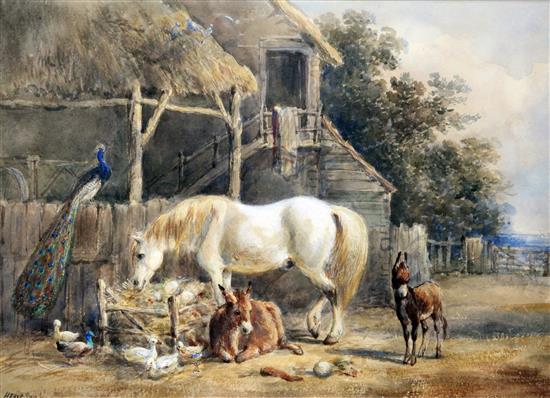 Henry Earp Snr (1831-1914) Horse, donkeys and a peacock beside a stable, 9.5 x 13.5in.